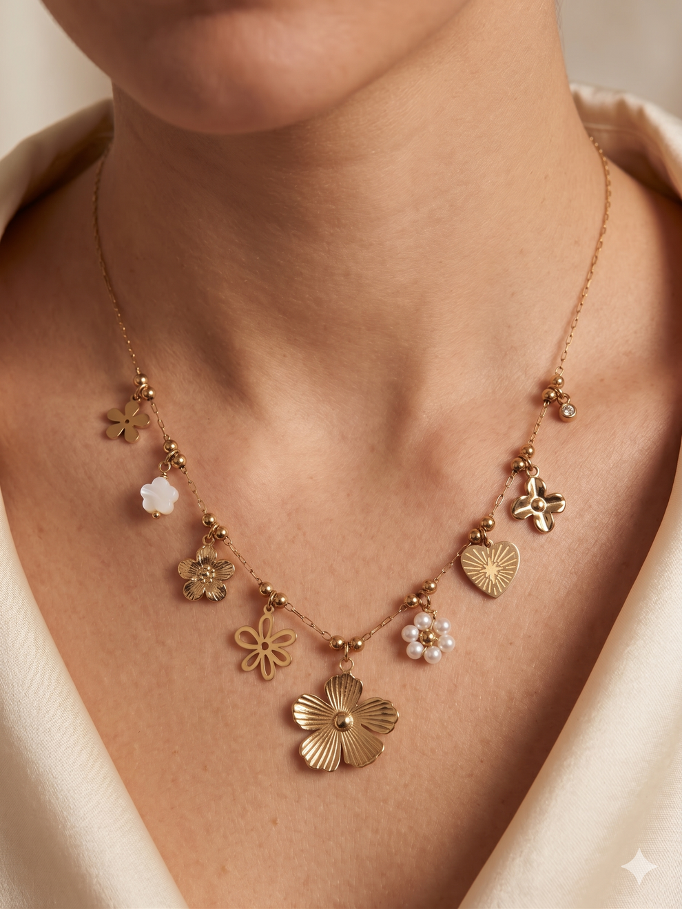 Collier doré à charms l'heure et cœur rayonnant