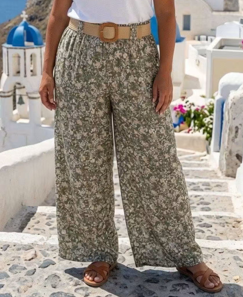 Pantalon Palazzo fleuri kaki