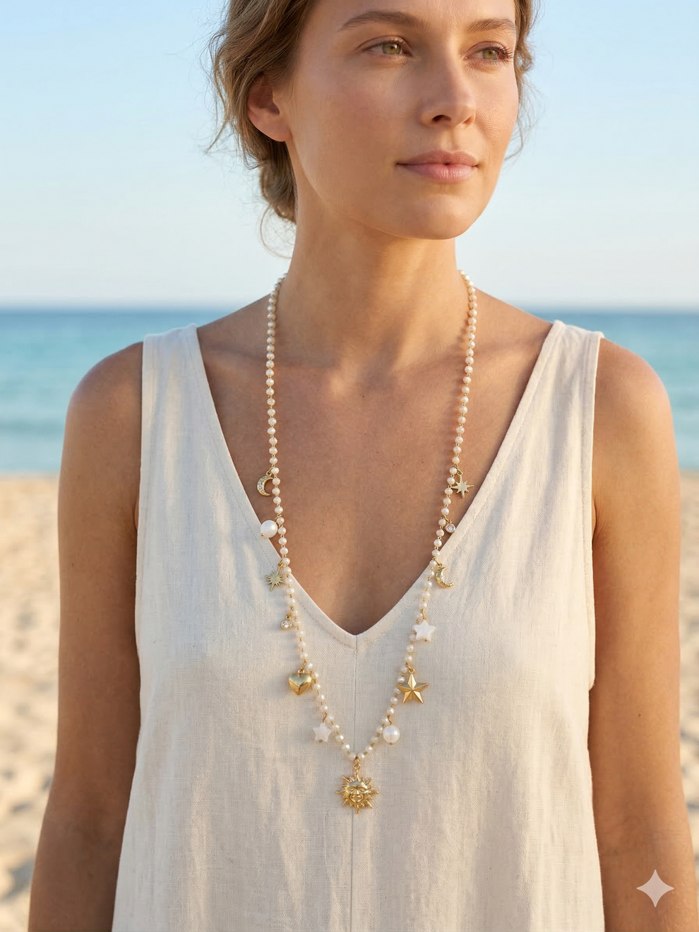 Sautoir doré perle fine, charms soleil étoile et lune