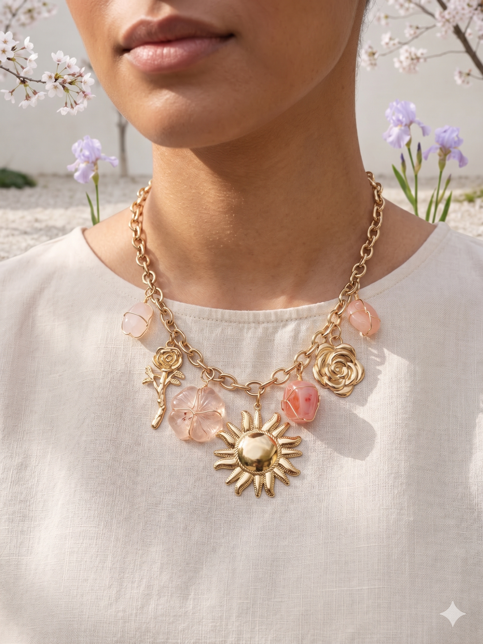 Collier doré, soleil, breloques et pierres