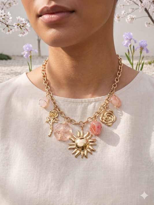 Collier doré, soleil, breloques et pierres